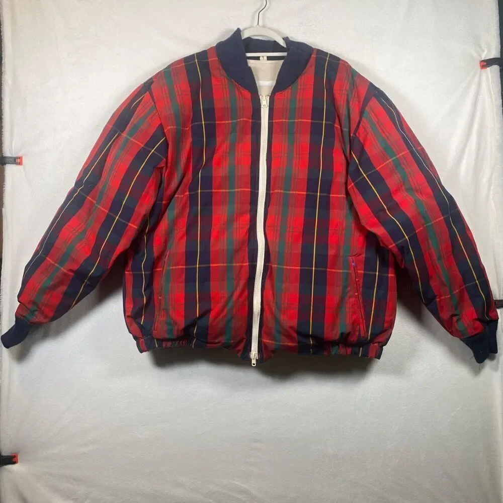 Vintage Excalibur Down Filled Reversible Bomber Jacket Ivory Plaid 80s 90s